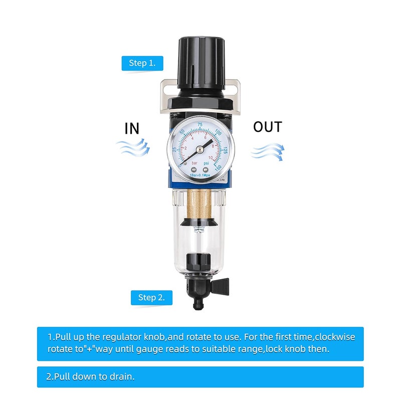 NANPU 1/4" NPT Compressed Air Filter Regulator Combo Piggyback, 5 Micron Brass Element, Poly Bowl, Manual Drain, Metal Bracket, 0-150 psi Gauge - AW2000-02M - Image 4